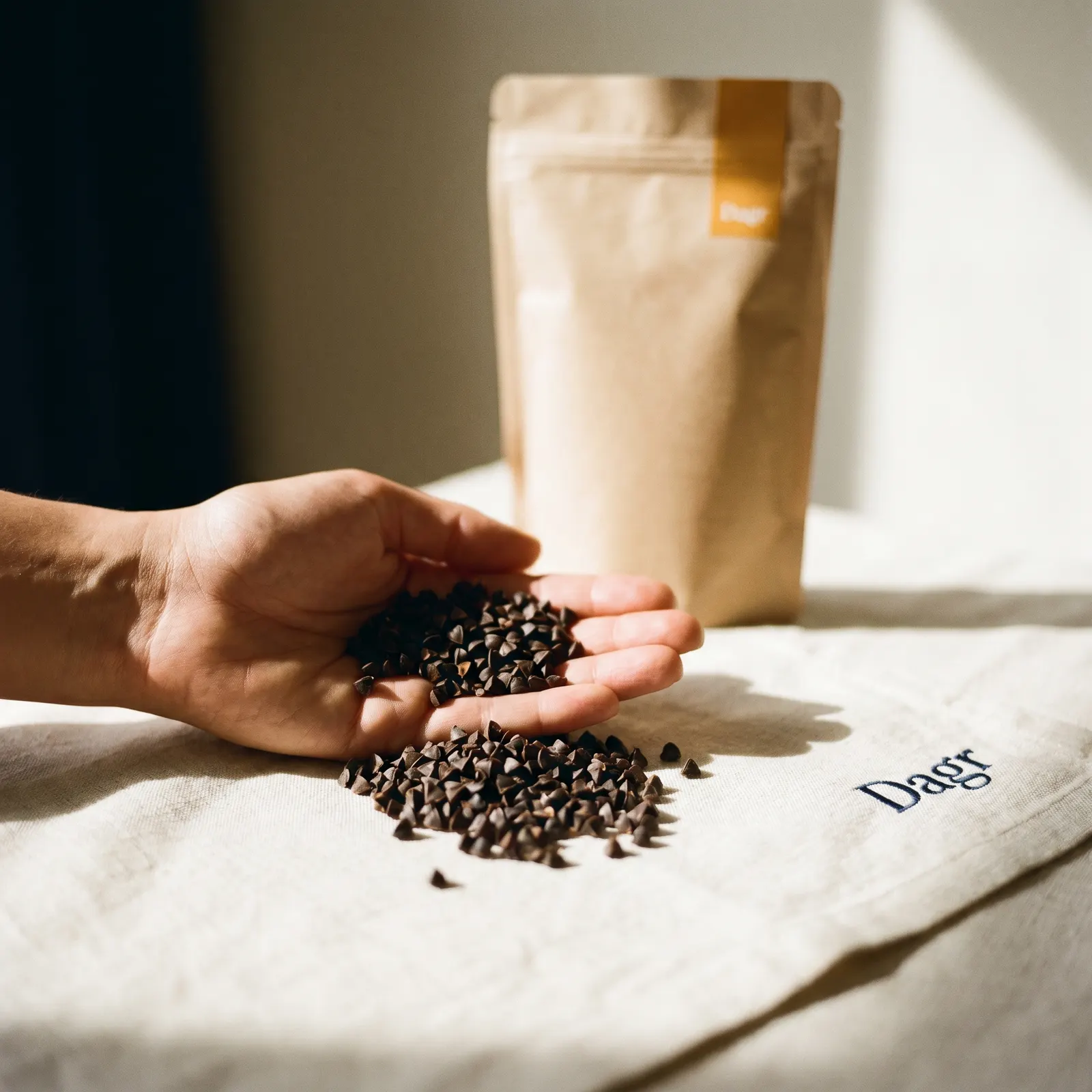 Hand holding buckwheat hulls